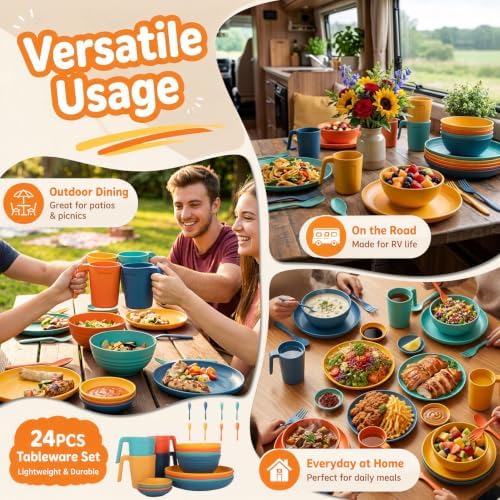 Wrova Wheat Straw Dinnerware Sets 24-Piece, Kitchen Plates and Bowls Sets