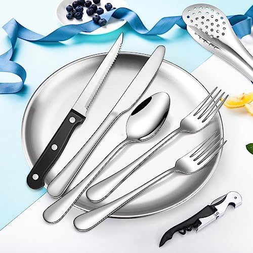 Camping Silverware Kit Cutlery Organizer Utensil Picnic Set Stainless Steel Plate Spoon Clip and Serrated Knife Wine Opener Fork Napkin Hiking - Camp Kitchen BBQ’s
