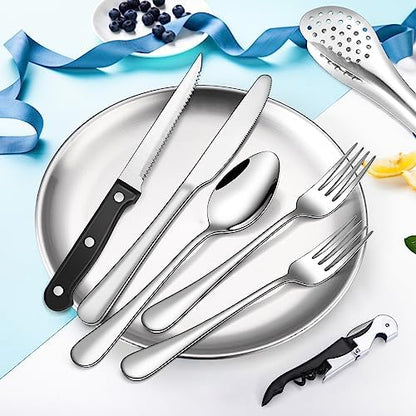 Camping Silverware Kit Cutlery Organizer Utensil Picnic Set Stainless Steel Plate Spoon Clip and Serrated Knife Wine Opener Fork Napkin Hiking - Camp Kitchen BBQ’s