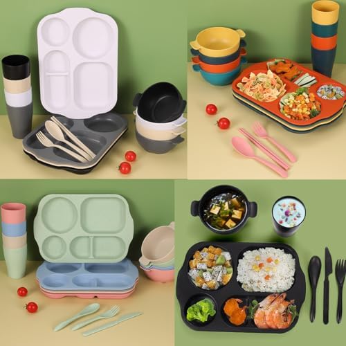24 Pcs Wheat Straw Dinnerware Cutlery Sets,Unbreakable Divided Plates Bowls Cups Spoon Knife Fork for 4 People,Microwave Dishwasher Safe Tableware Cutlery for Party and Daily Use,Mix Color 2