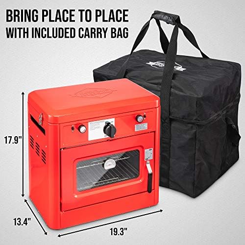 Hike Crew Outdoor Gas Camping Oven w/Carry Bag | CSA Approved Portable Propane-Powered 2-Burner Stove & Oven | Auto Ignition, Overheat Safety Shutoff, Built-In Thermometer | Hose & Regulator Included