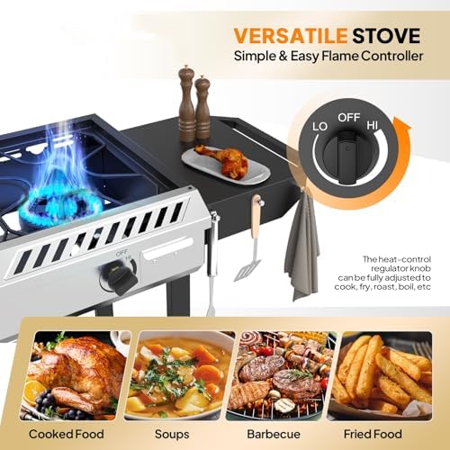 Bonnlo 2-in-1 Propane Stove and Griddle, 3 Burner Outdoor Gas Cooker with Iginition, Storage Shelf and Portable Wheels, 225000BTU Output Camping Stove for Backyard Cooking BBQ Frying and Boiling
