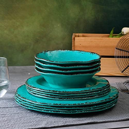 LEHAHA 12 Piece Vintage Melamine Dinnerware Sets, Farmhouse Plates and Bowl