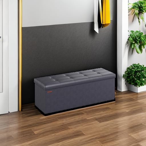 SONGMICS Mazie Collection - 43 Inches Folding Storage Ottoman Bench, Ottoman with Storage, Foot Rest Stool, Load 660 lb, for Living Room, Synthetic Leather, Dark Gray ULSF070G01
