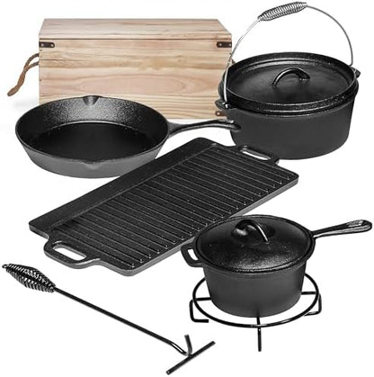 Bruntmor Camping Cooking Set Of 7. Pre Seasoned Cast Iron Pots And Pans Dutch Oven With Lids For Outdoor Comefire. Grill Cookware Skillet Sets With Storage Box