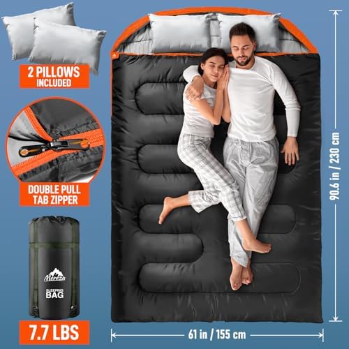 MEREZA Double Sleeping Bag for Adults Mens with Pillow, XL Queen Size Two Person Sleeping Bag for All Season Camping Hiking Backpacking 2 Person Sleeping Bags for Cold Weather & Warm