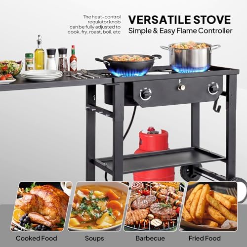 Bonnlo 2 Burner Propane Gas Stove with Work Station & Auto Ignition, 150,000 BTU Portable Camping Stove with Wheels & Regulator, Outdoor Propane Stove for Backyard Patio Cooking BBQ