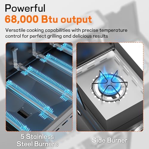 Veralune 68000 BTU 5-Burner Grill with Side Burner & Steel Grates