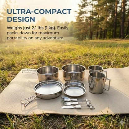 14-Piece Camping Cookware Set, 304 Stainless Steel Pots and Pans