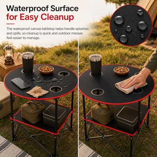 Portable Camping Table Folding Picnic Tables Lightweight Folding Table Waterproof Canvas Beach Table for Outside with 4 Cup Holders & Carry Bags for Camping, Beach, Campfires and Tailgating