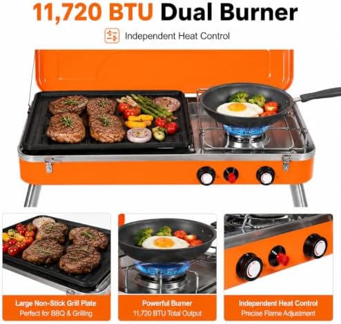 Propane Camping Grill 11,720 BTU Dual Burner, Portable 2-in-1 Tabletop BBQ Stove with Non-Stick Coating, Anti-Slip Mats, Easy Carry Handle for Camping, Picnics, Tailgating