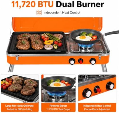 Propane Camping Grill 11,720 BTU Dual Burner, Portable 2-in-1 Tabletop BBQ Stove with Non-Stick Coating, Anti-Slip Mats, Easy Carry Handle for Camping, Picnics, Tailgating