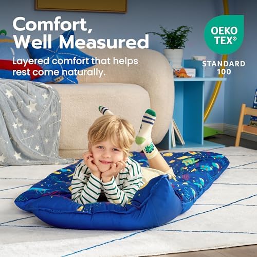 JOIEDOMI Toddler Nap Mat with Removable Pillow and Minky Blanket 55''x30'' Kids Sleeping Bag for Boys and Girls Ages 3-6 Roll Up Soft Nap Mats for Preschool Kindergarten Daycare Sleepover