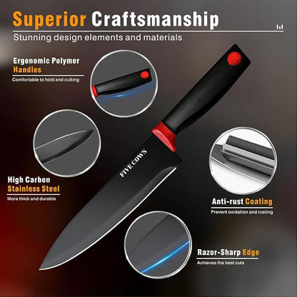 14 Pcs Kitchen Knife Block Set with Sharpener German High Carbon Stainless Steel Chef Knives, Razor-Sharp & Durable, Lightweight Anti-Slip Handle, Professional Set for Home & Kitchen (Red)