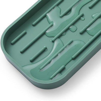 Silicone Kitchen Sink Organizer Tray for Multiple Usage,Eco-Friendly Sponges Holder for Kitchen Bathroom Counter or Sink,Dish Soap Dispenser,Scrubber,Bottle,Cup (Green, 12"×4")