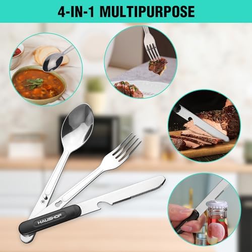 HAUSHOF 4-in-1 Camping Utensil, Stainless Steel Travel Utensil Set with Bag