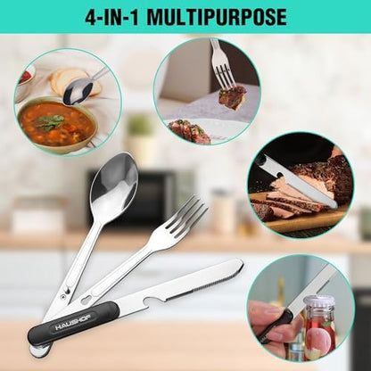 HAUSHOF 4-in-1 Camping Utensil, Stainless Steel Travel Utensil Set with Bag