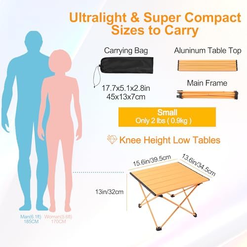 Tesouro Portable Camping Table,Folding Side Table Aluminum Top for Outdoor Cooking, Hiking, Travel, Picnic (Apricot-Small)
