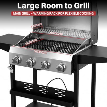 4 Burner Propane Gas Grill, 48000 BTU BBQ Grill with Lid & Wheels