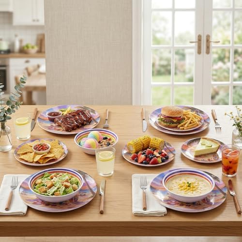 12-Piece Melamine Plates and Bowls Set, Beach Sunset Dinnerware Set