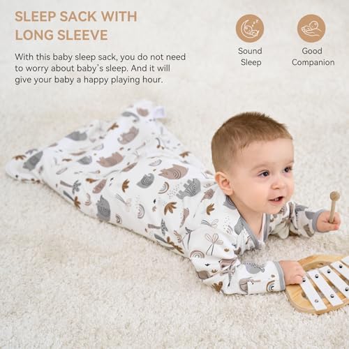 Baby Sleep Sack 12-18 Months, Long Sleeve Baby Wearable Blanket 0.5 Tog with Mittens, 2-Way Zipper Toddler Cotton Sleeping Sack for Boy and Girl Grey Elephant 2 Pack(Large)