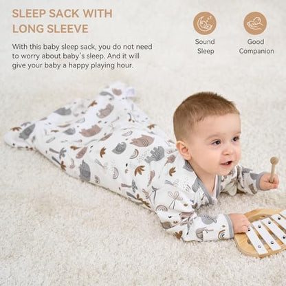 Baby Sleep Sack 12-18 Months, Long Sleeve Baby Wearable Blanket 0.5 Tog with Mittens, 2-Way Zipper Toddler Cotton Sleeping Sack for Boy and Girl Grey Elephant 2 Pack(Large)