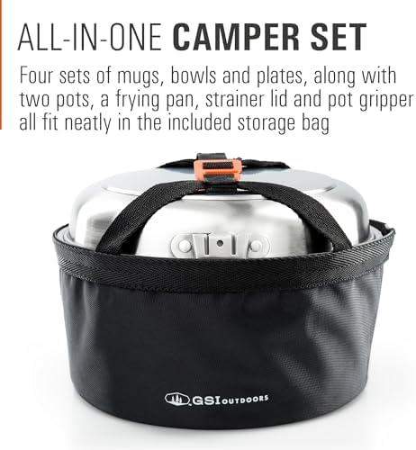 GSI Outdoors Glacier Stainless Camper 4 Person Packable Cookware & Dinnerware Set for Camping or Backpacking