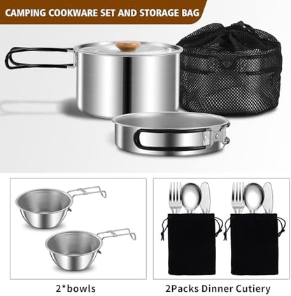 11Pcs Camping Cookware Set，Portable Camping Essentials with Accessories，Stainless Steel Lightweight Nonstick Pots、Pans、Bowls and Utensils for Backpacking RV Tailgating Cooking and Outdoor Cooking