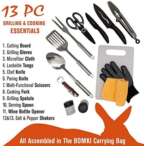 13 PC Grilling and Camping Cooking Utensils Set for The Outdoors BBQ - Stainless Steel Camp Kitchen Set Cookware Grill Tool Accessories Kit with Lightweight Stylish Crossbody Carrying Bag (Brown)
