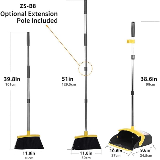 2-Pack is More economical，Upgraded Broom and Dustpan， with 52" Long Handle, Dustpan Teeth with self-Cleaning Function, Indoor and Outdoor Sweeping, Perfect for Home Office