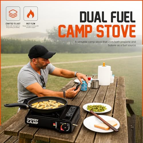 Portable Camping Stove 3000W Butane or Propane Fuel Compatable (Propane Adapter not Included), Automatic Ignition, Precise Heat Control, for Camping, Hiking, and Outdoor Cooking (Without Adapter Pipe)