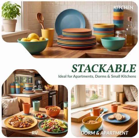 40-Piece Unbreakable Plastic Wheat Straw Dinnerware Set - Multi Color, 8-Person Dish Set for Dinner, Plates, Bowls, Cups & Appetizer Plates - Perfect for Outdoor Camping