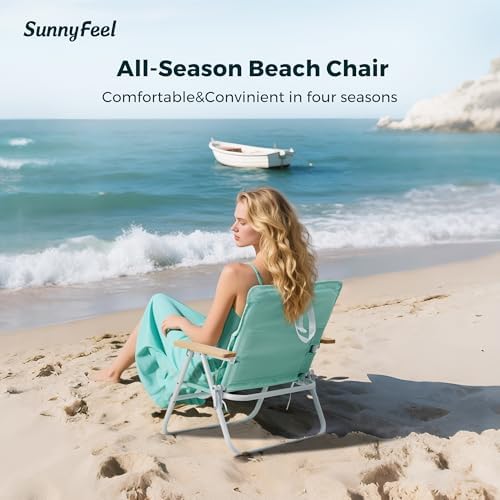 SUNNYFEEL Foldable Beach Chair, Beach Chair Backup with Wood Armrest & Cushion, Lightweight Camping Chair Heavy Duty for Beach, Camping, Lawn, Outdoor, Mint Green, 2 p