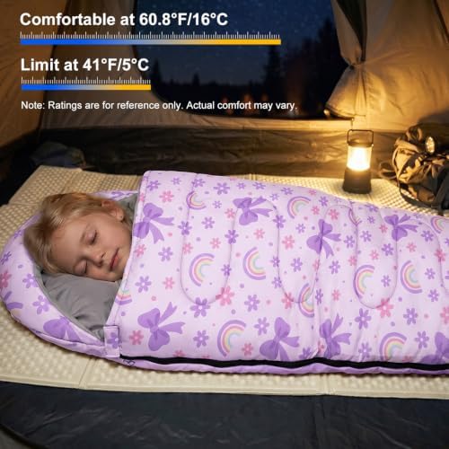 Basumee Toddler Kids Camping Sleeping Bag Warm & Cool Weather 3 Season