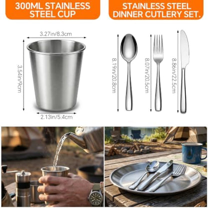 Stainless Steel Camping Mess Kit with Zippered Carry Bag 4 Person