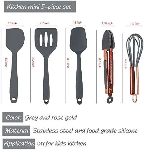 Collfa Rose Gold And Grey Mini Kitchen Utensil Small Five-Piece Set Tiny Silicone Kids Kitchen Tools Whisk Spatula Tongs Spoon And Slotted Spatula For Cooking(Kids Baking Supplies) Grey
