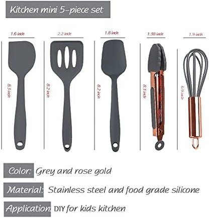 Collfa Rose Gold And Grey Mini Kitchen Utensil Small Five-Piece Set Tiny Silicone Kids Kitchen Tools Whisk Spatula Tongs Spoon And Slotted Spatula For Cooking(Kids Baking Supplies) Grey