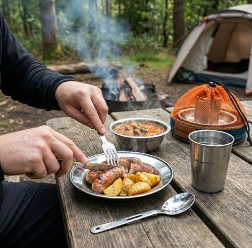 Wealers Unique Complete Messware Kit Polished Stainless Steel Dishes Set| Tableware| Dinnerware| Camping| Buffet| Includes - Cups | Plates| Bowls| Cutlery| Comes in Mesh Bags (4 Person Set)