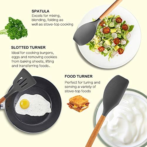 MIBOTE Silicone Cooking Kitchen Utensils Set, 17 Pcs, Wooden Handle, Grey