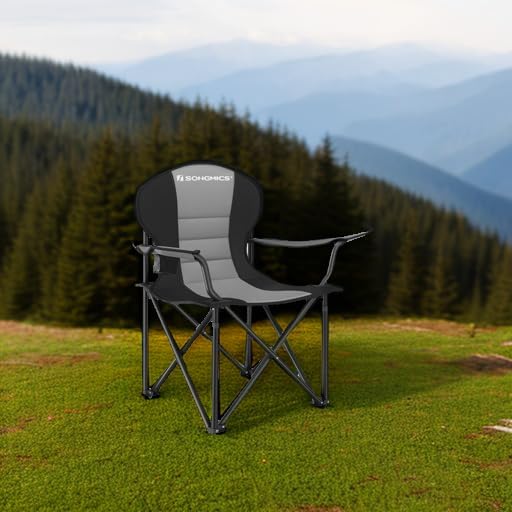 SONGMICS Folding Camping Chair, with Comfortable Sponge Seat, Cup Holder, Heavy Duty Structure, Max Load Capacity 551 lb, Outdoor Picnic Chair, Gray and Black UGCB006G01