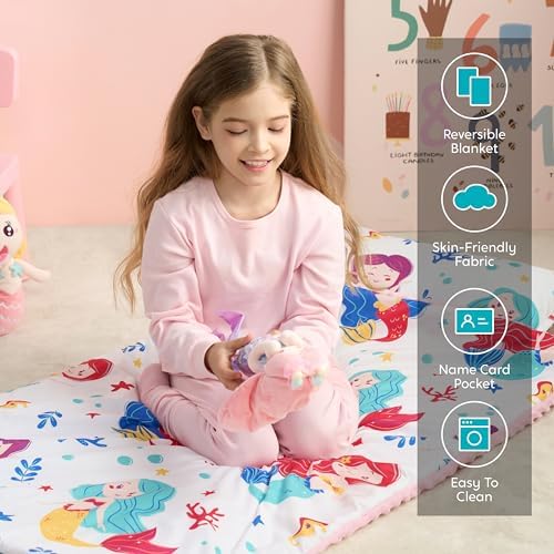 JOIEDOMI Toddler Nap Mat with Removable Pillow and Minky Blanket 55''x30'' Kids Sleeping Bag for Boys and Girls Ages 3-6 Roll Up Soft Nap Mats for Preschool Kindergarten Daycare Sleepover