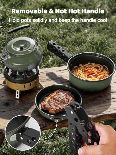 Odoland 5pcs Camping Cookware Non-Stick Camping Pot and Pan Set with Kettle and Removable Handle for Hiking Backpacking and Picnic
