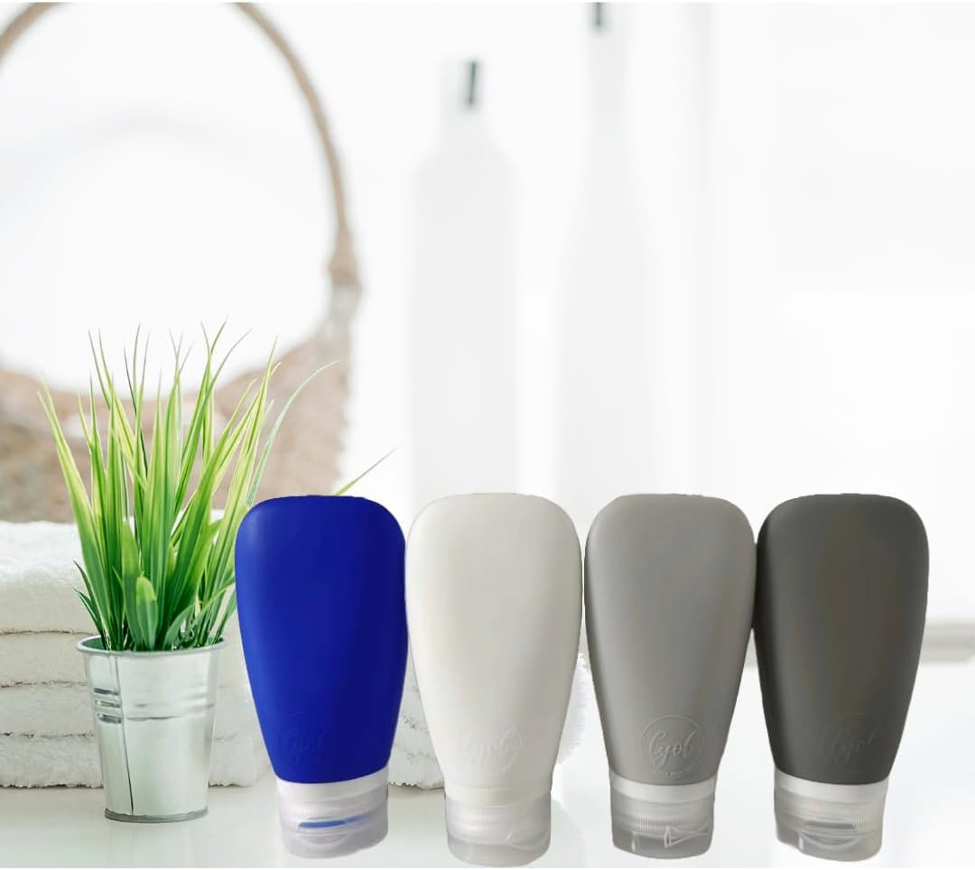 Travel Bottles for Toiletries, TSA Approved 3oz Leak Proof Silicone Refillable Squeeze Travel Size Containers BPA Free for Cleansers, Lotions, Shampoo, Conditioner 4pk With Bag(W,G,Blk,Bl)