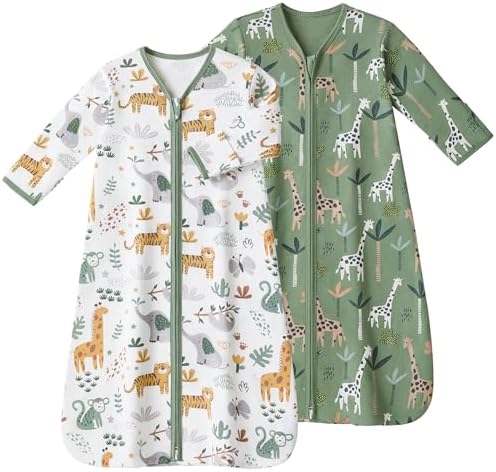 Baby Sleep Sack 18-24 Months, Long Sleeve Baby Wearable Blanket 0.5 Tog with Mittens, 2-Way Zipper Toddler Cotton Sleeping Sack for Boy and Girl Green Giraffe 2 Pack(XLarge)