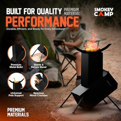 Rocket Stove for Camping Heavy Duty Wood Burning Stove with Adjustable Legs, Portable Wood Burning Fire Camping Stove, Cooking Camping Grilling Outdoor Backyard BBQ Stove with Storage Bag, Rod, Gloves