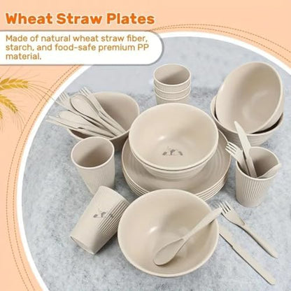 24 Pcs Wheat Straw Dinnerware Sets for 6- Unbreakable Reusable Plates and Bowls Sets Lightweight BPA Free Dishwasher, Microwave Safe Bowls and Cups- Camping Dishes for Dessert with Bowls