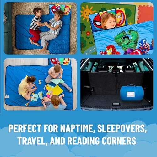 Jay Franco Kids Nap Mat with Embedded Pillow & Blanket – Soft 46"x20" Microfiber Sleeping Bag with Name Tag & Handle