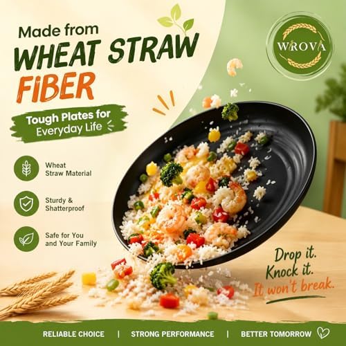 Wrova Wheat Straw Dinnerware Sets 40PCS, Black Plates and Bowls Sets for 8