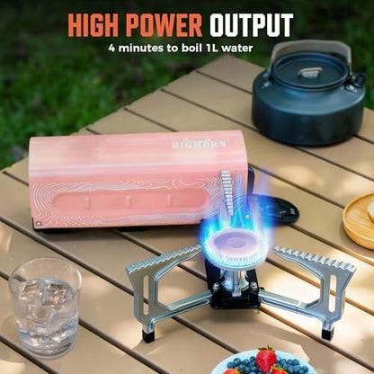 BIG HORN OUTDOORS Butane Camping Stove, Portable Folding Gas Burner with Carry Bag for Camping, Emergency Use and Outdoor Cooking, Pink