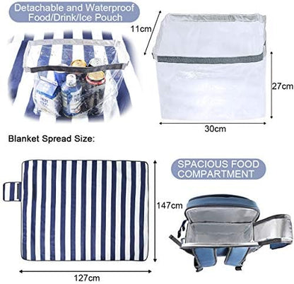 Sunflora Picnic Backpack for 4 Person Set Pack with Insulated Waterproof Pouch for Family Outdoor Camping(Blue & Stripe)
